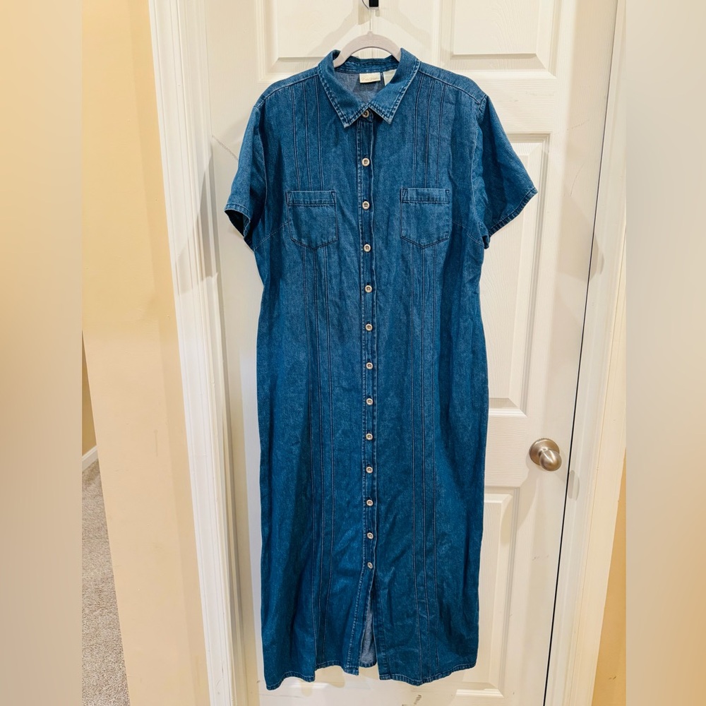 90s Vintage Denim Blue Button-Up Maxi Dress